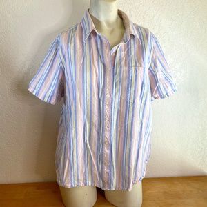 Blair Womens Med Pink Blue Stripe Cotton Blouse Button Front Short Sleeve Pocket